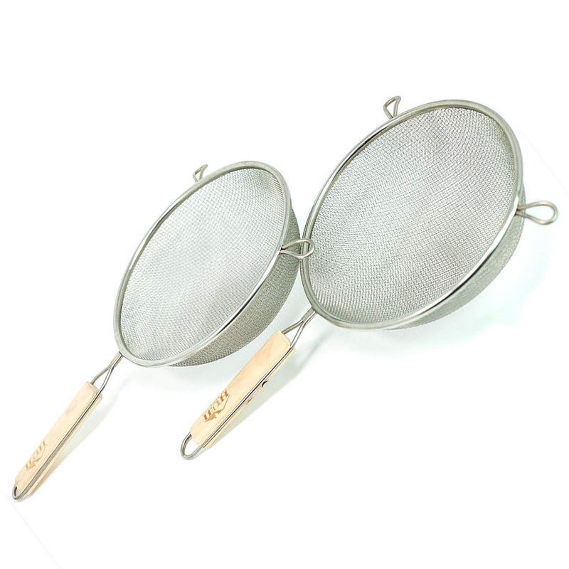 Huji Stainless Steel Fine 8" Double Mesh Food Strainer Colander Sieve Sifter with Wooden Handle for Kitchen Rice Pasta Noodles (2 Pack) - Image 2
